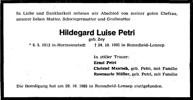 Zey Hildegard 1913-1985 Todesanzeige